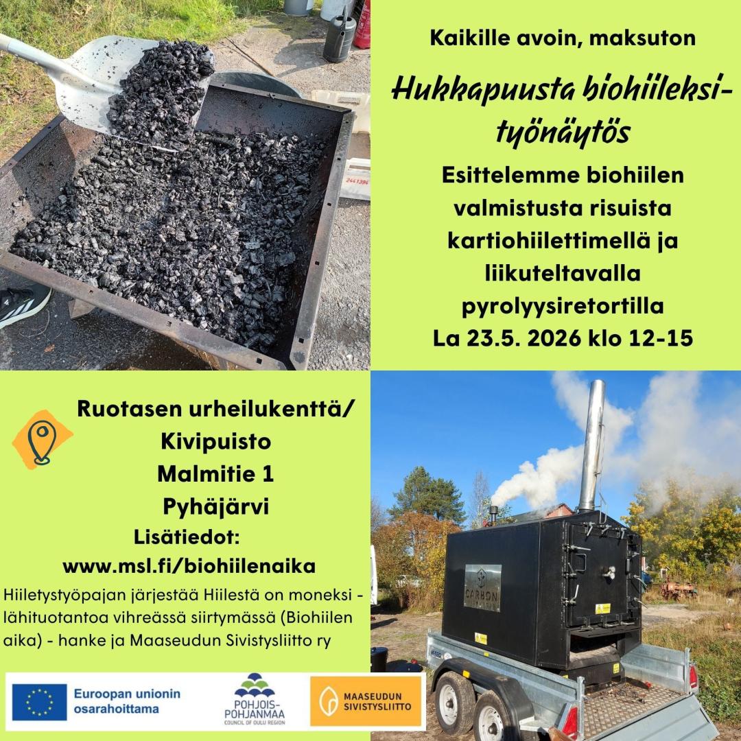 kuvassa on biohiiltä ja laite millä sitä valmistetaan.