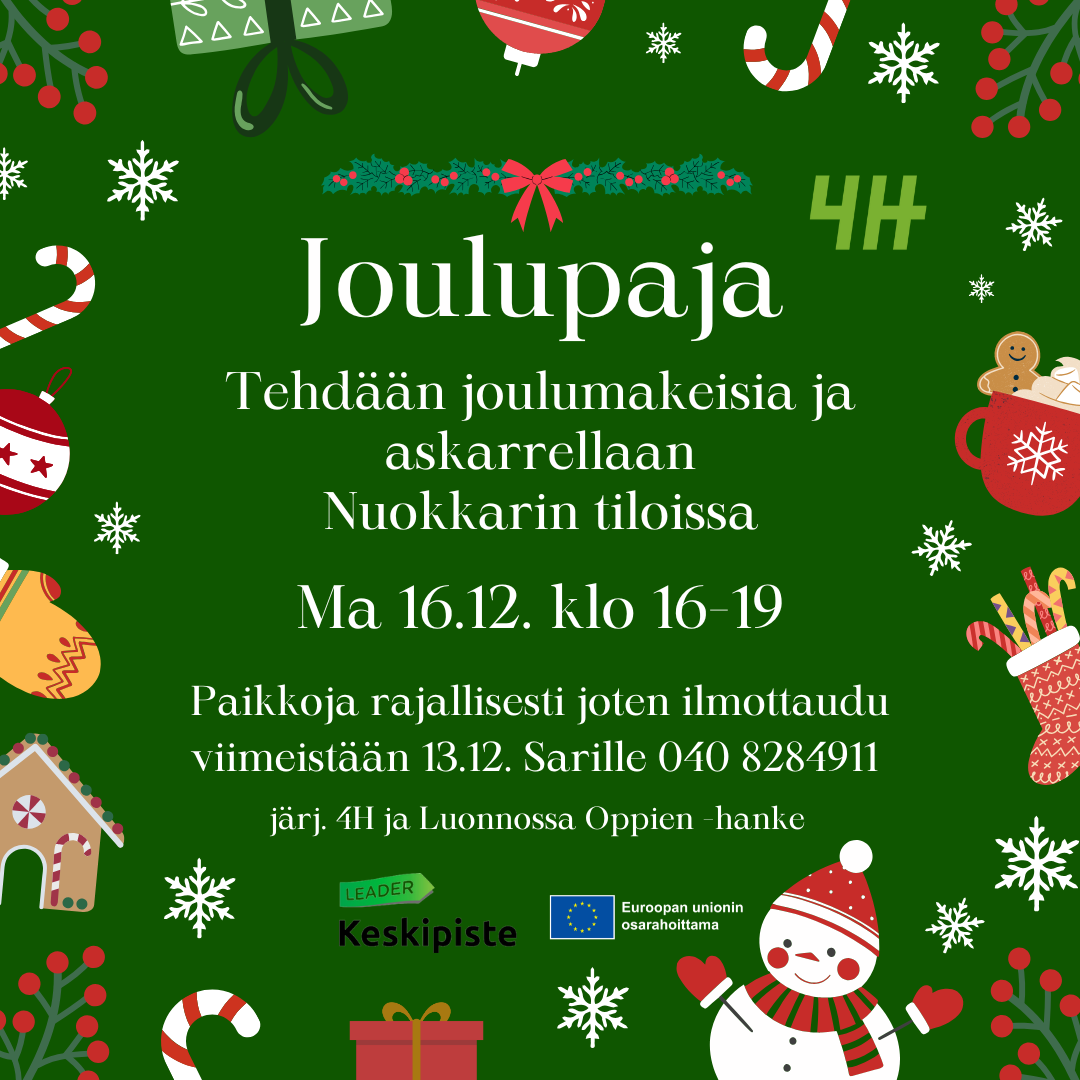 Joulupaja alakoululaisille. Tehdään joulumakeisia ja askarrellaan Nuokkarin tiloissa. Ilmoittaudu mukaan viimeistään 13.12. 