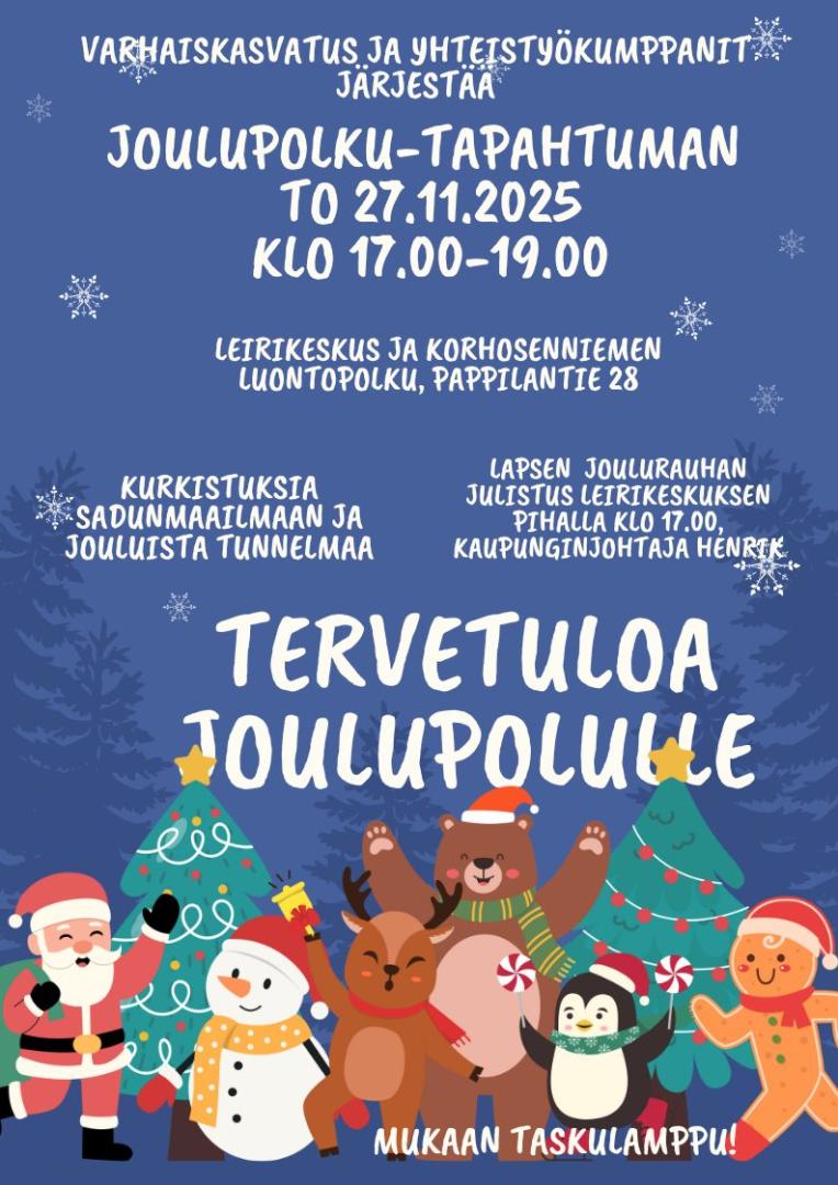 kuvassa on tekstiä ja jouluisia hahmoja.