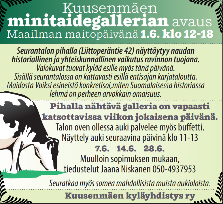 kuvassa on tekstiä ja lehmän kuva.